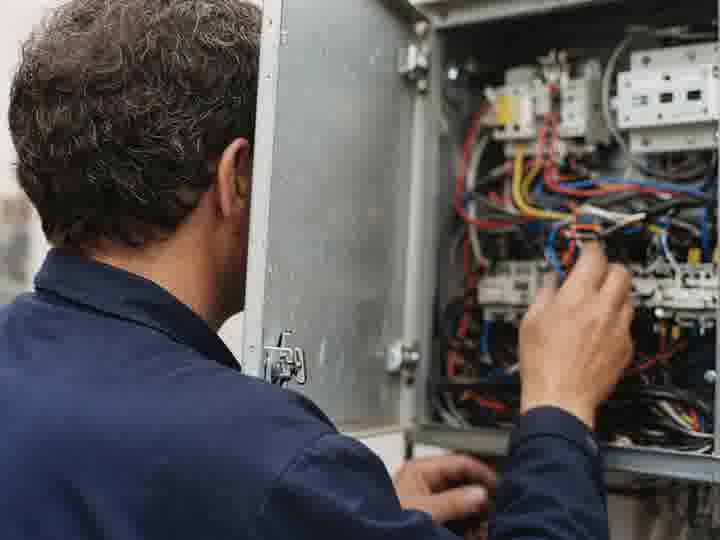 An electrician seen from behind, working inside an open panel.