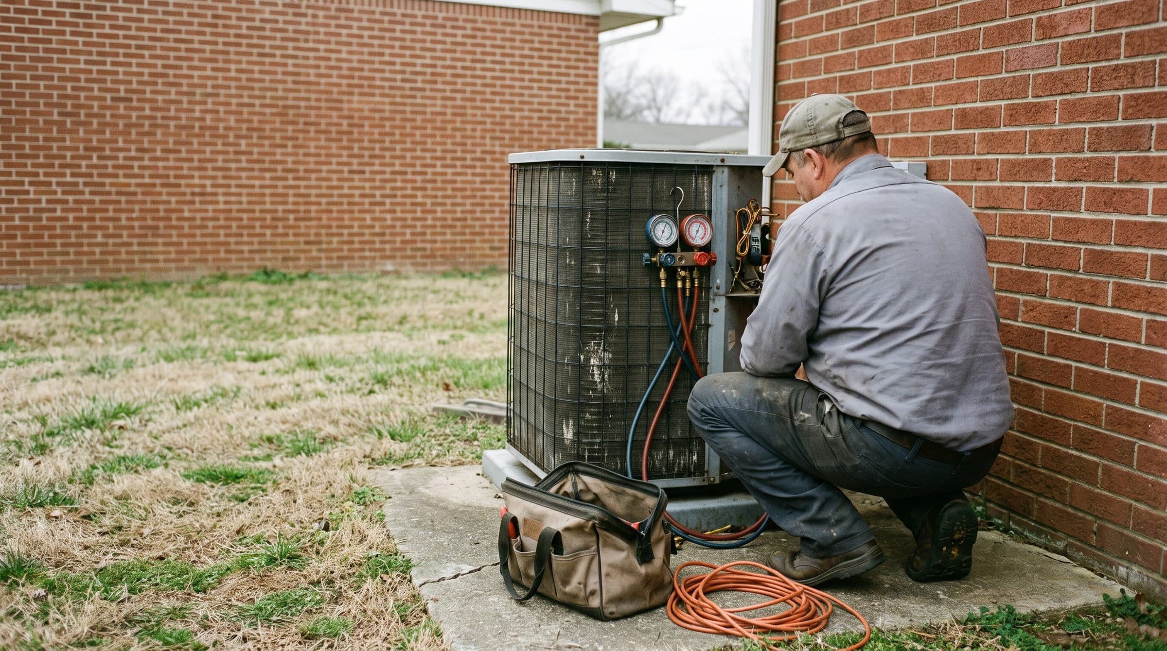 An HVAC technician working on an outdoor residential air conditioner.