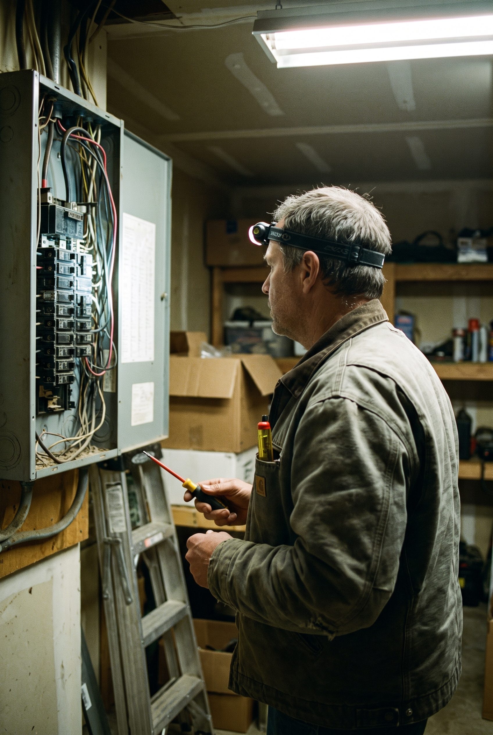 Electrical work at an open service panel.