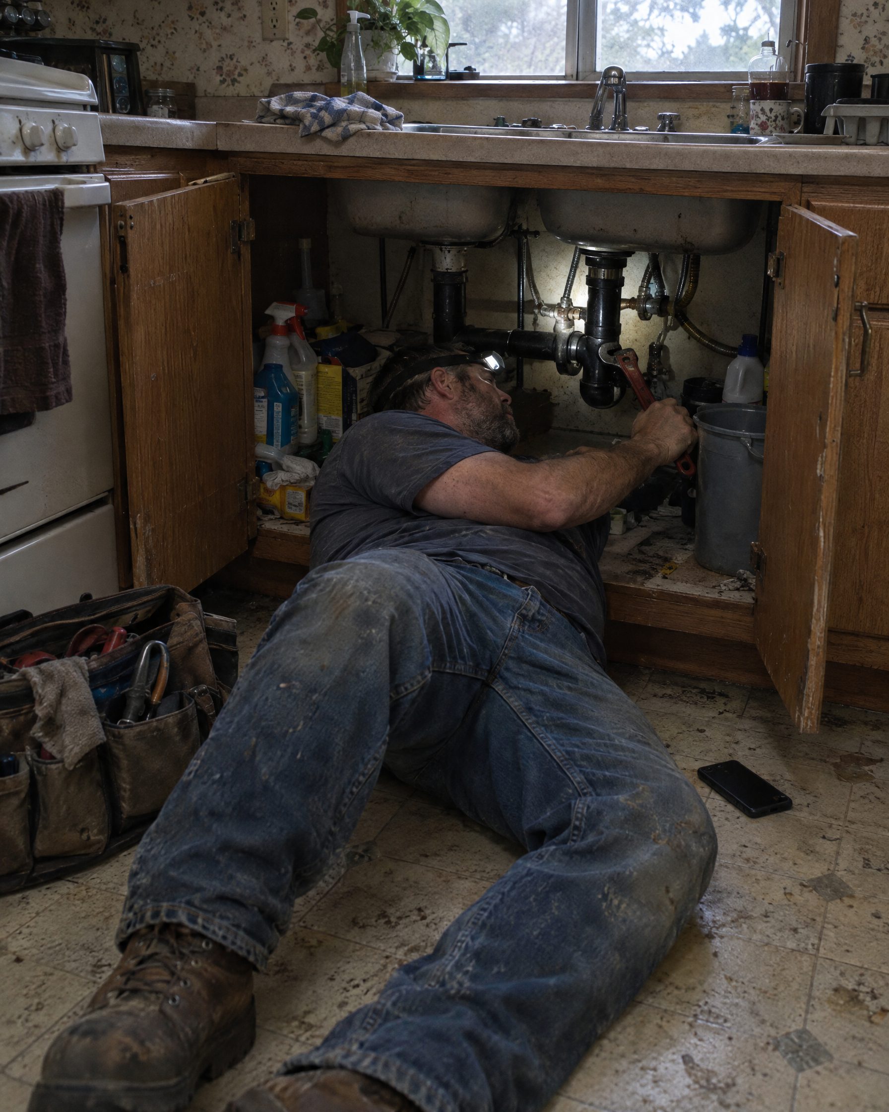 A plumber working under a kitchen sink.