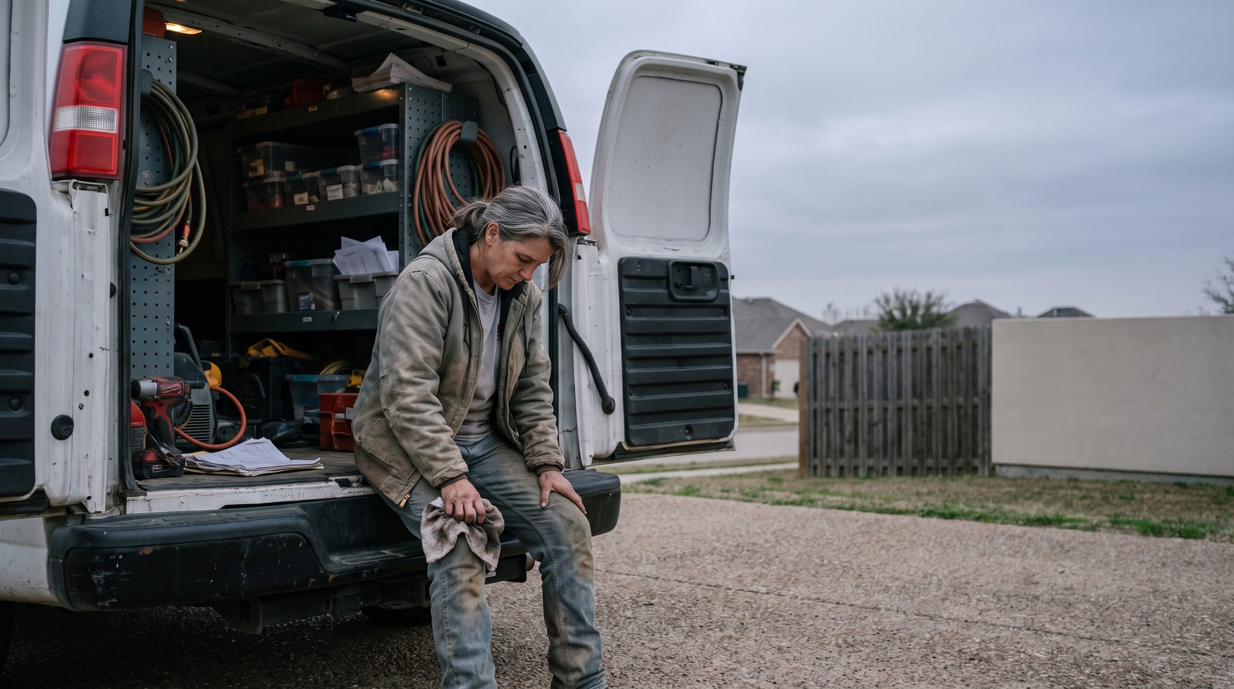 A technician at the back of a work van in the evening.